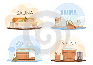 Sauna or SPA center banner template with accessories for relaxation in steam banya or hot sauna