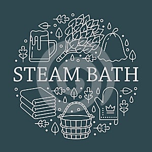 Sauna, steam bath room banner illustration with flat line icons. Bathroom equipment birch, oak broom, bucket, beer