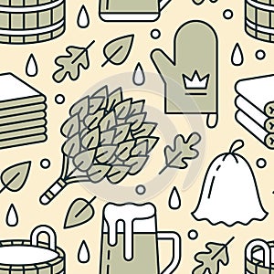 Sauna, steam bath room seamless pattern with line icons. Bathroom equipment birch, oak broom, bucket, beer. Finnish