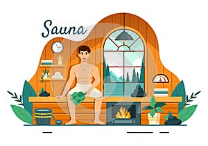 Sauna and Steam Room Vector Illustration with People Relax, Washing Their Bodies or Enjoying Time in Flat Cartoon Background