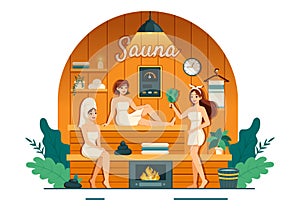 Sauna and Steam Room Vector Illustration with People Relax, Washing Their Bodies or Enjoying Time in Flat Cartoon Background