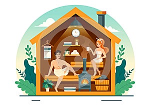 Sauna and Steam Room Vector Illustration with People Relax, Washing Their Bodies or Enjoying Time in Flat Cartoon Background