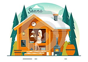 Sauna and Steam Room Vector Illustration with People Relax, Washing Their Bodies or Enjoying Time in Flat Cartoon Background