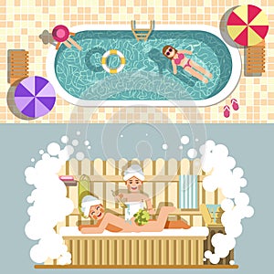 Sauna and swimming pool vector flat spa relax or summer holiday vacations