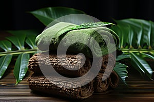 Sauna towels, spa items, aromatherapy comfort and natural scents for relaxation photo