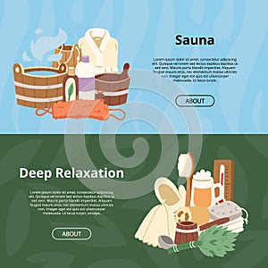 Sauna vector wooden heat spa relaxation therapy and hot steam healthcare backdrop relax therapy sign bucket bath towel