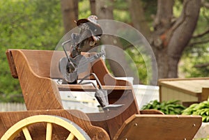 Saunders playing his guitar on his wagon wheel horse drawn carriage