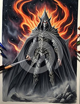 Sauron from lotr in his elven form in flames and smoke in naruto anime drawing