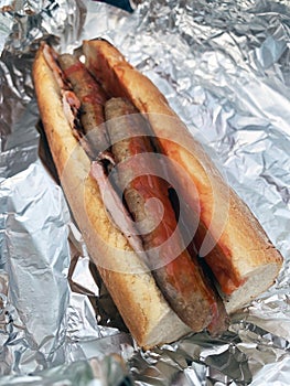 Sausage and bacon baguette