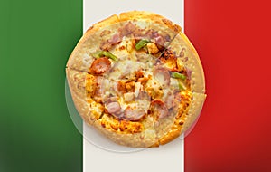 Sausage bacon Cheese pizza on green red color as italy