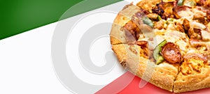 Sausage bacon Cheese pizza on green red color as italy
