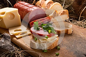 Sausage baguette sandwich. Close-up sandwich. The products lie in the hay