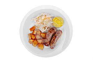 Beef, meat sausage with mustard sauce isolated