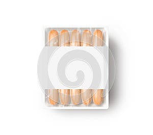 Sausage in blank white plastic disposable box mockup, isolated,