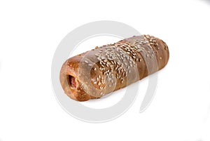 Sausage boiled in hot dog dough bread isolated on white background