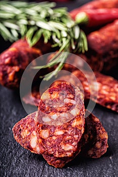 Sausage Chorizo. Spanish traditional chorizo sausage, with fresh herbs, garlic, pepper and chili peppers. Traditional cuisine