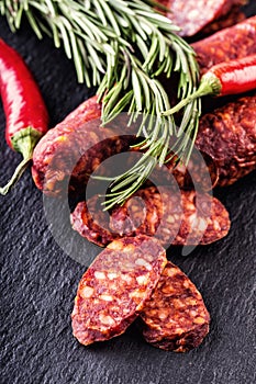 Sausage Chorizo. Spanish traditional chorizo sausage, with fresh herbs, garlic, pepper and chili peppers. Traditional cuisine