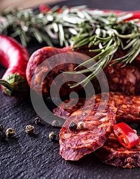 Sausage Chorizo. Spanish traditional chorizo sausage, with fresh herbs, garlic, pepper and chili peppers. Traditional cuisine