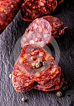 Sausage Chorizo. Spanish traditional chorizo sausage, with fresh herbs, garlic, pepper and chili peppers. Traditional cuisine