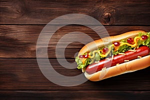 sausage dog american meat hot sauce fast food bread tomato background. Generative AI.