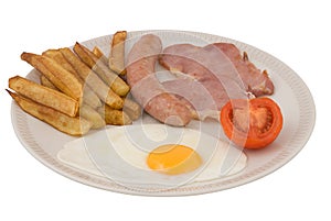 Sausage, egg, bacon, tomato and chips