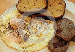 Sausage, egg, and toast breakfast