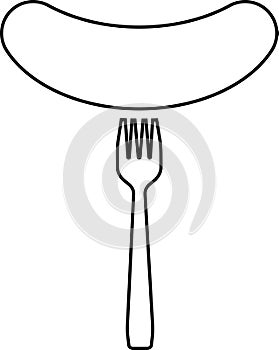 Sausage on a fork contour. Vector black and white illustration.