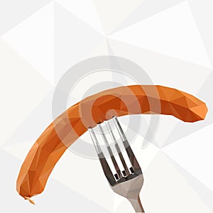 Sausage on a fork drawn in triangulation style. Design for decor, pubs, food advertising, Oktoberfest, websites, cafes, eateries