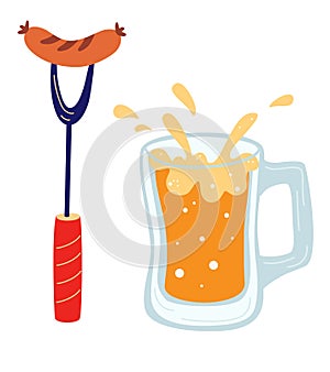 Sausage on a fork with glass of beer icon. Grilled sausage template collection for web, party invitation. Oktoberfest. German folk