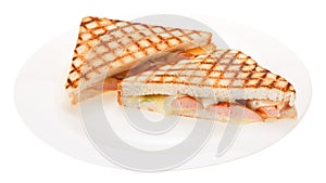 Sausage grilled cheese sandwich on a plate. Isolated on white ba