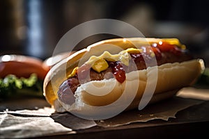 Sausage hot dog, topped with classic ketchup and mustard