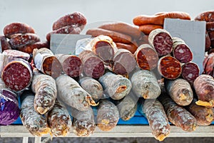 Sausage in a market consisting of chorizo, Iberian salami and pork loin.