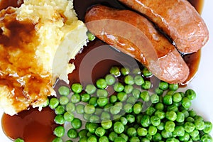 Sausage, Mash potato and green peas