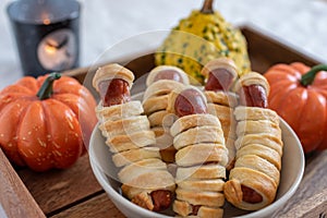 Sausage mummies in dough scary halloween food