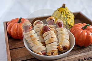 Sausage mummies in dough scary halloween food