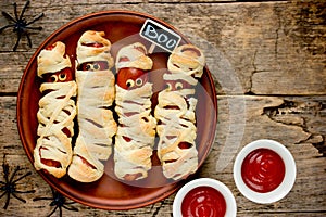 Sausage mummies in dough scary halloween food celebration party