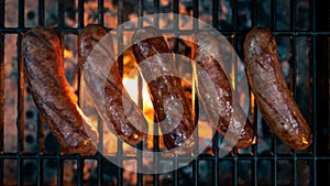 Sausage. Outdoor cooking. Professional grill. Fresh, Mild Italian Sausage. Hot red charcoal in the grill. Bbq or Barbecue.