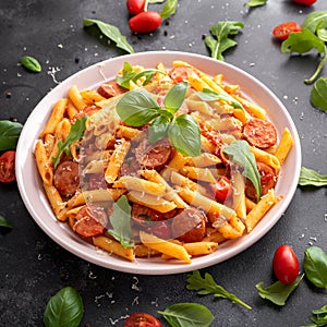 Sausage penne Pasta with tomato sauce and fresh herbs