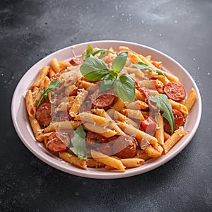 Sausage penne Pasta with tomato sauce and fresh herbs