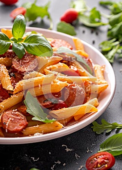 Sausage penne Pasta with tomato sauce and fresh herbs