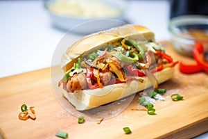 sausage and peppers with onions on a hoagie roll