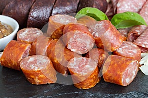 Sausage plate variation on a wooden table