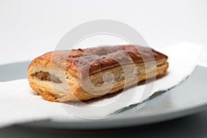 A sausage roll just out of the oven on a plate from the front side. saucijzenbroodje.