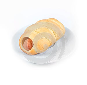 Sausage roll on a white plate on white background
