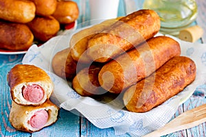 Sausage rolls, pastry wrapped sausages, sausage pies in dough