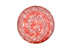 Sausage salami round piece on white background isolated