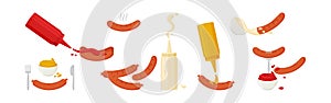 Sausage and sauce vector icon. Bbq sauce, mustard, myonnaise, ketchup bottle and bowl. Grill hot food. Tasty illustration