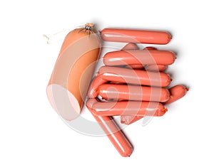 Sausage and sausages on a white background. Meat snacks