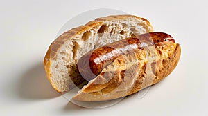 A sausage is shown in a bread bun