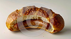 A sausage is sitting in a bread bun